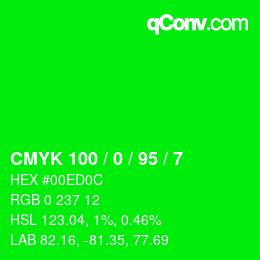 颜色代码: CMYK 100 / 0 / 95 / 7 | qconv.com