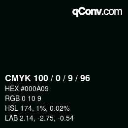 Farbcode: CMYK 100 / 0 / 9 / 96 | qconv.com