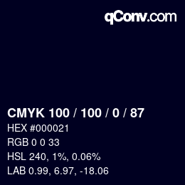 颜色代码: CMYK 100 / 100 / 0 / 87 | qconv.com