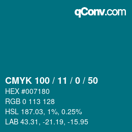 Code couleur: CMYK 100 / 11 / 0 / 50 | qconv.com