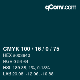 Code couleur: CMYK 100 / 16 / 0 / 75 | qconv.com