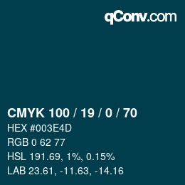 Code couleur: CMYK 100 / 19 / 0 / 70 | qconv.com
