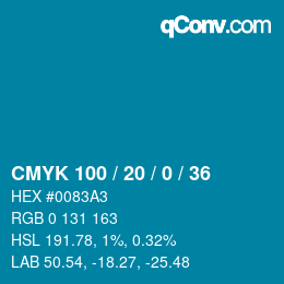カラーコード: CMYK 100 / 20 / 0 / 36 | qconv.com