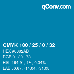 颜色代码: CMYK 100 / 25 / 0 / 32 | qconv.com