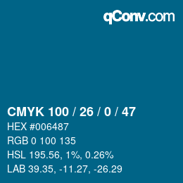 Code couleur: CMYK 100 / 26 / 0 / 47 | qconv.com