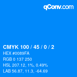 颜色代码: CMYK 100 / 45 / 0 / 2 | qconv.com