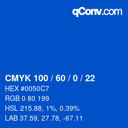 カラーコード: CMYK 100 / 60 / 0 / 22 | qconv.com