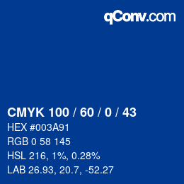 颜色代码: CMYK 100 / 60 / 0 / 43 | qconv.com