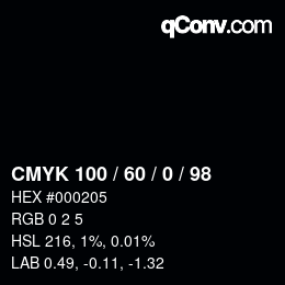 カラーコード: CMYK 100 / 60 / 0 / 98 | qconv.com