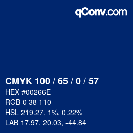 颜色代码: CMYK 100 / 65 / 0 / 57 | qconv.com