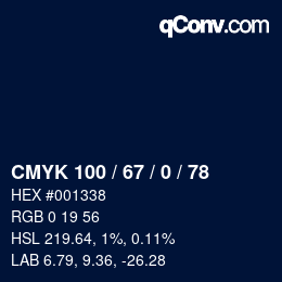 颜色代码: CMYK 100 / 67 / 0 / 78 | qconv.com