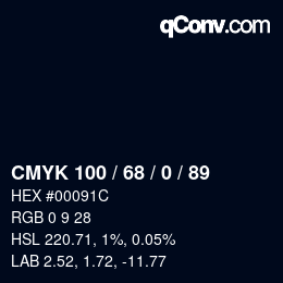 颜色代码: CMYK 100 / 68 / 0 / 89 | qconv.com