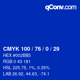 Color code: CMYK 100 / 76 / 0 / 29 | qconv.com