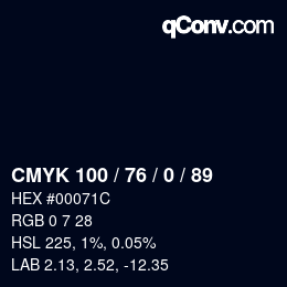カラーコード: CMYK 100 / 76 / 0 / 89 | qconv.com