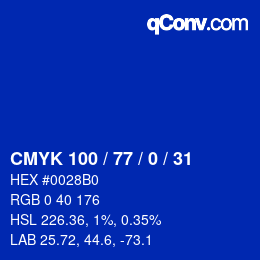 颜色代码: CMYK 100 / 77 / 0 / 31 | qconv.com