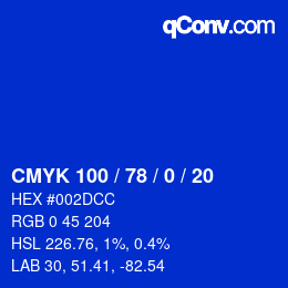 颜色代码: CMYK 100 / 78 / 0 / 20 | qconv.com