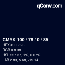 Code couleur: CMYK 100 / 78 / 0 / 85 | qconv.com