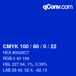 Code couleur: CMYK 100 / 80 / 0 / 22 | qconv.com