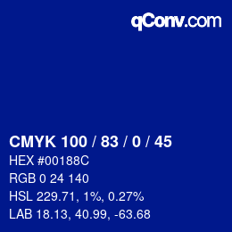 カラーコード: CMYK 100 / 83 / 0 / 45 | qconv.com