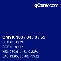 カラーコード: CMYK 100 / 84 / 0 / 55 | qconv.com