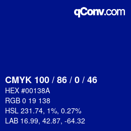 カラーコード: CMYK 100 / 86 / 0 / 46 | qconv.com