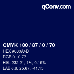 Color code: CMYK 100 / 87 / 0 / 70 | qconv.com