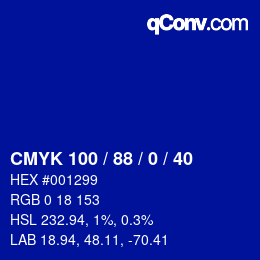 Code couleur: CMYK 100 / 88 / 0 / 40 | qconv.com