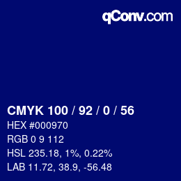 カラーコード: CMYK 100 / 92 / 0 / 56 | qconv.com