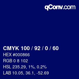 颜色代码: CMYK 100 / 92 / 0 / 60 | qconv.com