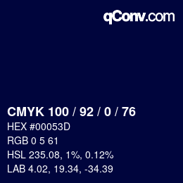颜色代码: CMYK 100 / 92 / 0 / 76 | qconv.com