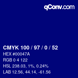Code couleur: CMYK 100 / 97 / 0 / 52 | qconv.com