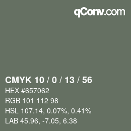 Color code: CMYK 10 / 0 / 13 / 56 | qconv.com