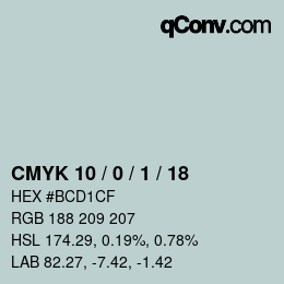 Farbcode: CMYK 10 / 0 / 1 / 18 | qconv.com