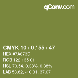 Color code: CMYK 10 / 0 / 55 / 47 | qconv.com