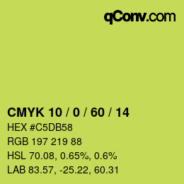 カラーコード: CMYK 10 / 0 / 60 / 14 | qconv.com