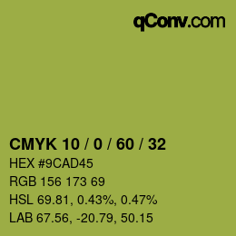 カラーコード: CMYK 10 / 0 / 60 / 32 | qconv.com