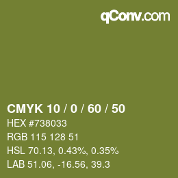 カラーコード: CMYK 10 / 0 / 60 / 50 | qconv.com