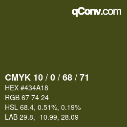Color code: CMYK 10 / 0 / 68 / 71 | qconv.com