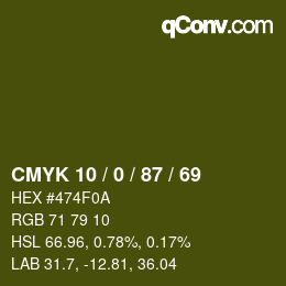 カラーコード: CMYK 10 / 0 / 87 / 69 | qconv.com