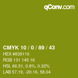 Color code: CMYK 10 / 0 / 89 / 43 | qconv.com