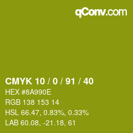 Color code: CMYK 10 / 0 / 91 / 40 | qconv.com