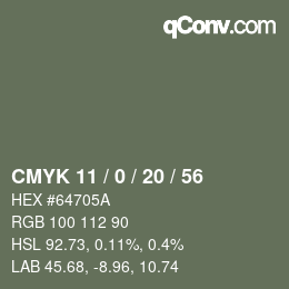 カラーコード: CMYK 11 / 0 / 20 / 56 | qconv.com