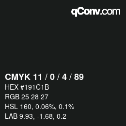 Farbcode: CMYK 11 / 0 / 4 / 89 | qconv.com