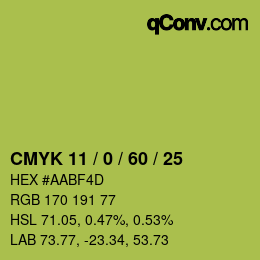 カラーコード: CMYK 11 / 0 / 60 / 25 | qconv.com