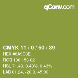 Farbcode: CMYK 11 / 0 / 60 / 39 | qconv.com