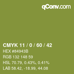 カラーコード: CMYK 11 / 0 / 60 / 42 | qconv.com