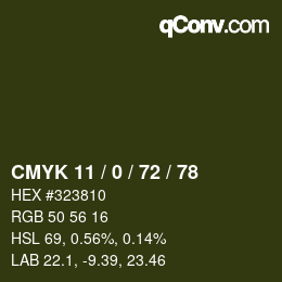 カラーコード: CMYK 11 / 0 / 72 / 78 | qconv.com