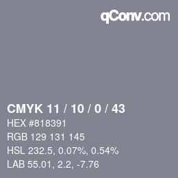 Farbcode: CMYK 11 / 10 / 0 / 43 | qconv.com