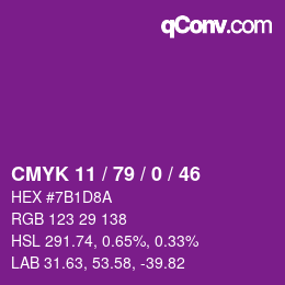 カラーコード: CMYK 11 / 79 / 0 / 46 | qconv.com