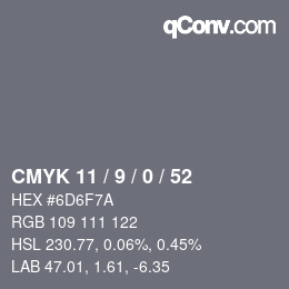 カラーコード: CMYK 11 / 9 / 0 / 52 | qconv.com